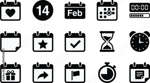 Valentine day calendar and time silhouette icon set. 14 February date, love reminder, event schedule, and stopwatch timer symbols for romantic holiday deadline vector collection design element.