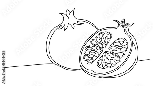 Elegant continuous line drawing of a whole pomegranate and a halved pomegranate revealing juicy seeds.