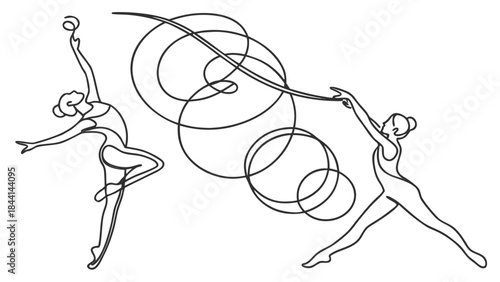 Graceful gymnasts performing with ribbons in elegant motion, celebrating athleticism and artistry.