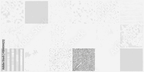 Abstract composition featuring textured gray shapes and scattered grainy elements