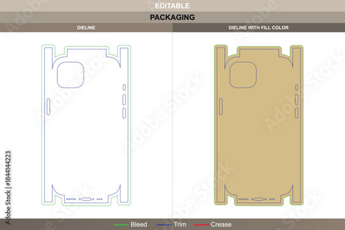 Mobile phone case dieline created with vector detail enhancing printing surface packaging accuracy die line contour defines neat boundary maintaining reliable fit integrity