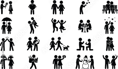 Dating relationship and seasonal activity black glyph icons. Couple taking selfie, dancing, shopping together, and walking in rain symbols for love story graphic vector set illustration design.