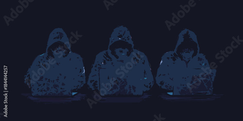 Three figures with laptops illuminated in a dark stylized digital illustration