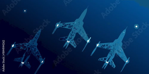 Three fighter jets soar through a dark blue atmospheric night sky