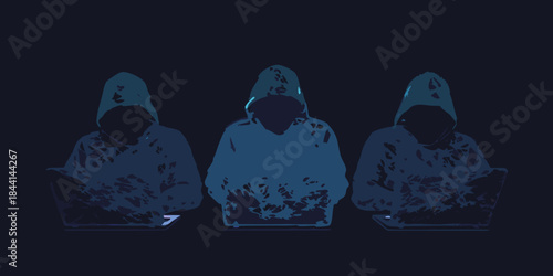 Three hooded figures intently working on laptops in a dark digital scene