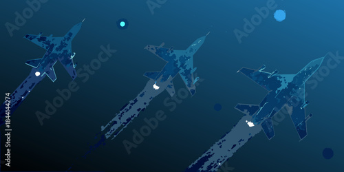 Abstract depiction of military fighter jets soaring through a dark blue sky