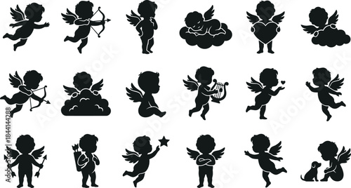 Romantic love god and baby angel black glyph icons. Amour character blowing kiss, carrying arrow quiver, and cute mythological figure symbols for holiday greeting card graphic vector set art.