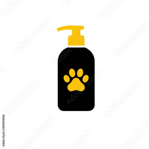 Black and yellow bottle with paw print icon representing pet care or grooming products