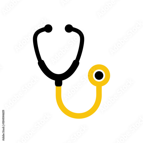 Modern stylized vector illustration of a stethoscope, a vital medical diagnostic tool, featuring a sleek black and yellow design, symbolizing health, care, and professional medical services