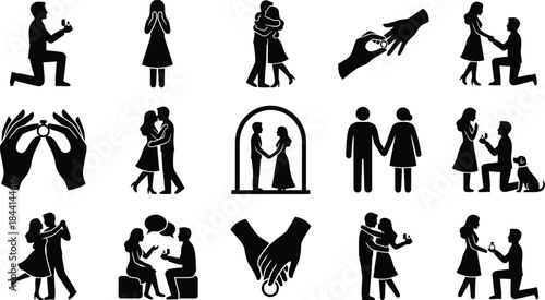 Wedding proposal and engagement silhouette icon set. Romantic couple in love, man kneeling with ring, bride and groom dancing, and holding hands symbols for marriage vector collection design art.