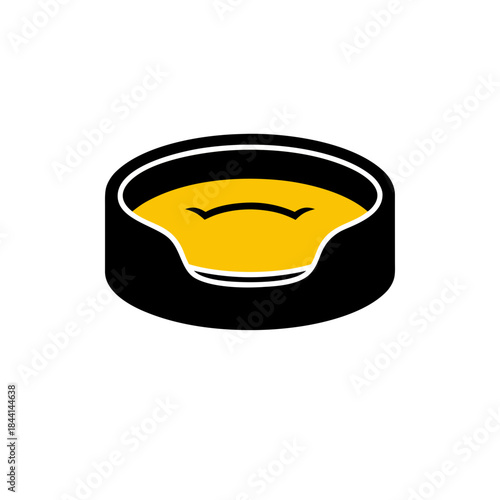 Minimalist vector illustration of a comfortable pet bed with a soft yellow cushion, offering a cozy resting place for beloved domestic animals. Clean graphic design for pet comfort and care concepts