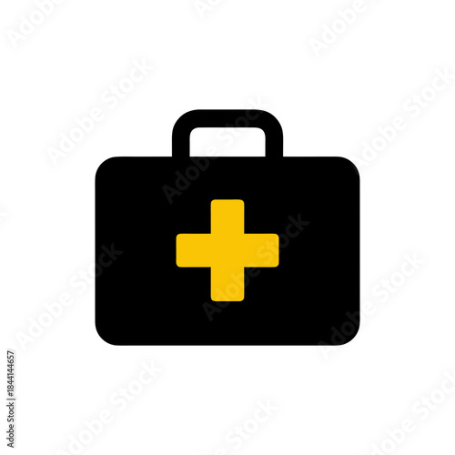 Essential medical first aid kit icon in a sleek black design with a vibrant yellow cross, representing health, safety, and emergency response solutions