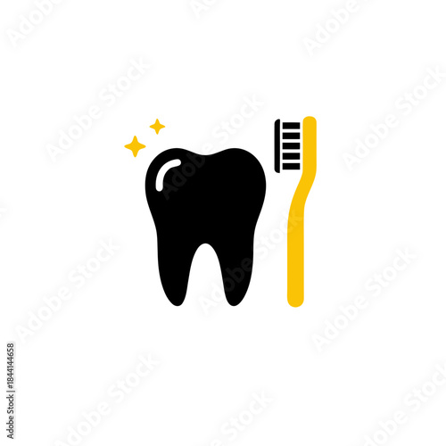 Minimalist graphic icon showcasing a sparkling clean tooth next to a toothbrush, symbolizing essential dental hygiene, effective oral care, and the promotion of healthy, strong teeth