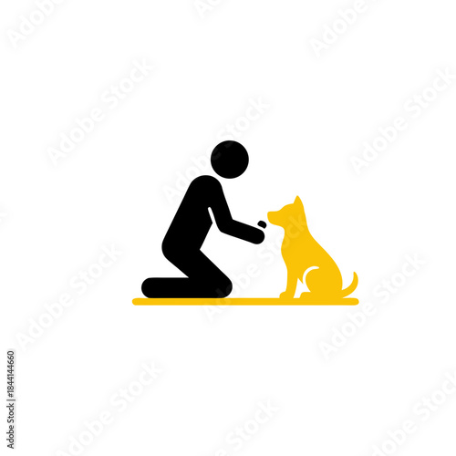 Vector graphic icon depicting a person kneeling to interact with a happy dog, symbolizing the bond, care, and training involved in a human-animal relationship, fostering companionship