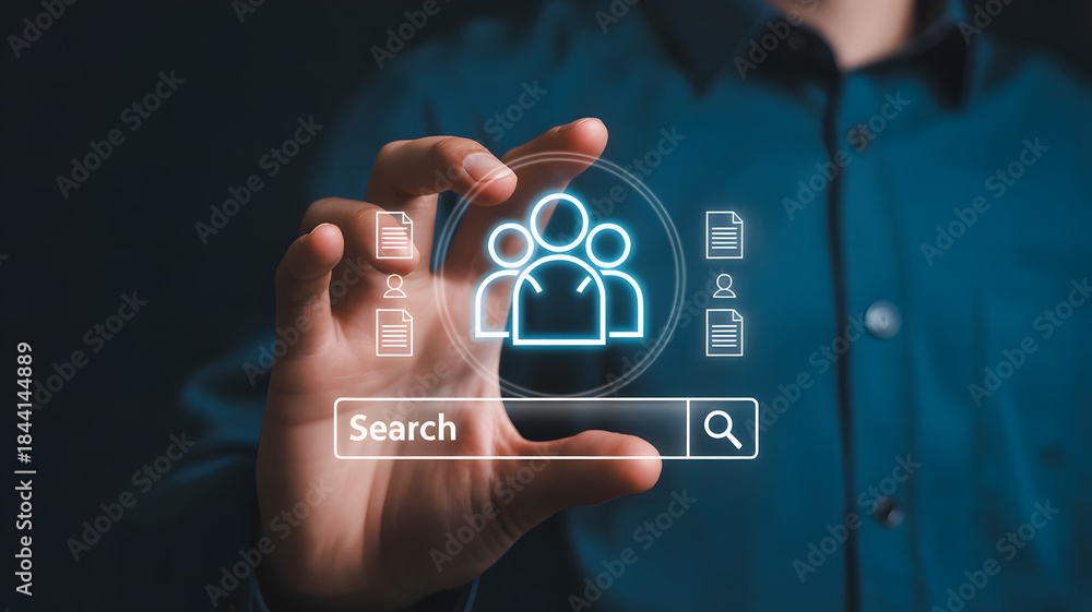 Obraz premium Person selecting group icon on digital interface with search options for user management and connectivity 