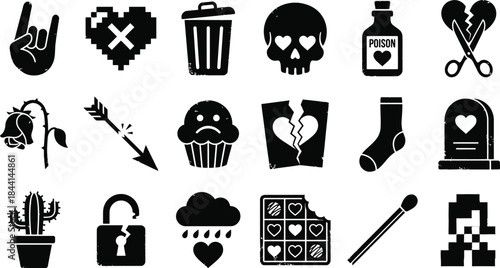 Sad relationship and toxic love black glyph icons. Burning letter, rip tombstone, broken chain, trash bin, and rain cloud symbols for single life depression graphic vector set illustration design.
