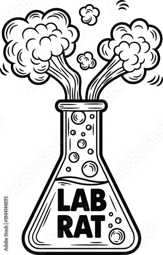 Chemistry flask with explosion vector illustration with Lab Rat text for science experiments on a transparent background.