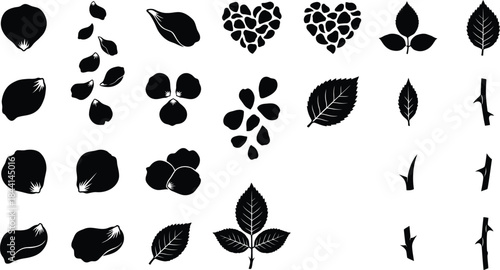 Falling rose petal and leaf silhouette icon set. Flower blossom parts, heart shaped floral arrangement, thorny stem, and natural plant foliage symbols for wedding decoration vector collection design.