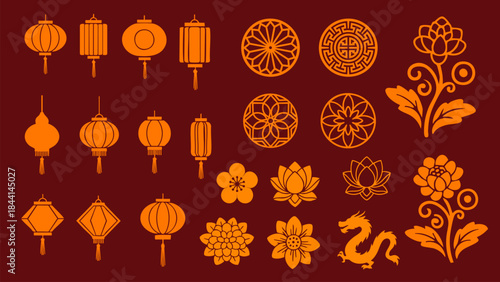 Chinese Lantern Floral Icons Lunar New Year Set