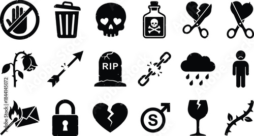 Anti valentine day and breakup silhouette icon set. Broken heart, poison bottle, skull, wilted rose, and scissors cutting love symbols for divorce separation vector collection design element art.