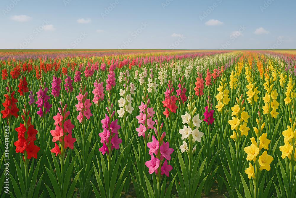 Obraz premium A panoramic field of gladiolus in full bloom, sunny day.