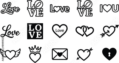 Romantic love typography and text silhouette icon set. Calligraphy script font, i love you phrase, and bold letter words symbols for valentine day wedding greeting card vector collection design.
