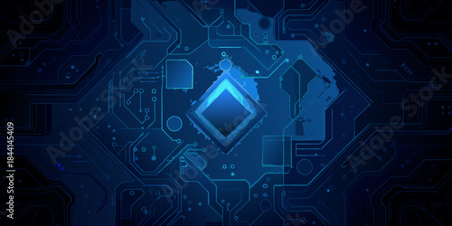 Abstract blue circuit board pattern with a central diamond shaped focal point