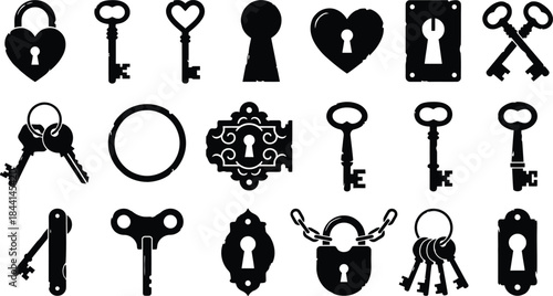 Vintage skeleton key and padlock silhouette icon set. Antique ornamental door lock, heart shape love security, and secret safe opener symbols for retro mystery vector collection design element.