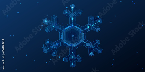 A digital snowflake illustration against a dark blue gradient background