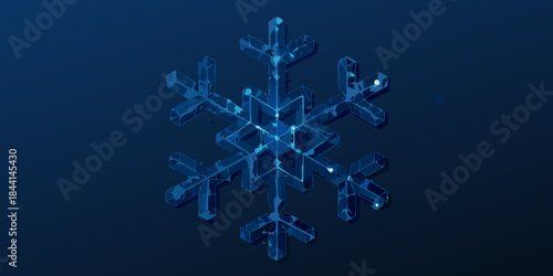 Intricate blue polygonal snowflake design against a dark gradient background