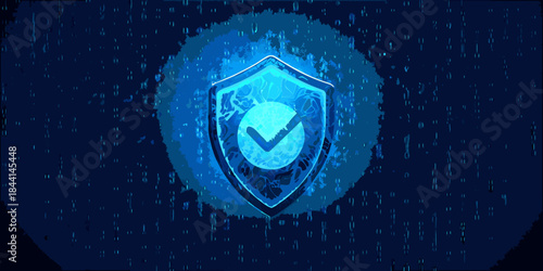 A glowing blue shield with a checkmark symbol representing security and trust