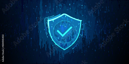 Glowing neon shield with a checkmark inside on a dark blue background