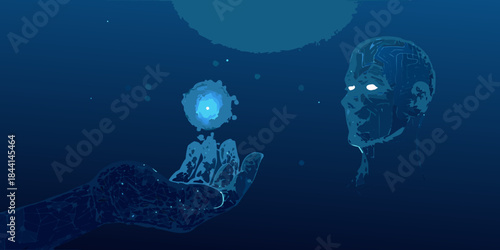 A glowing orb held towards a spectral face in a dark aquatic scene