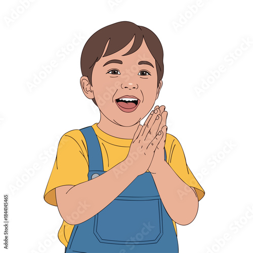 A cartoon boy with brown hair in blue overalls, hands together and open mouth laughing