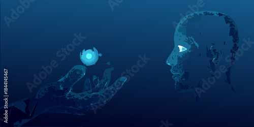 A digital face extends a hand to a glowing orb in deep blue waters