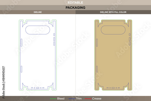 Mobile phone case dieline drawn through vector design refining printing surface packaging adjustment die line mapping defines light streamlined form with perfect edge fit