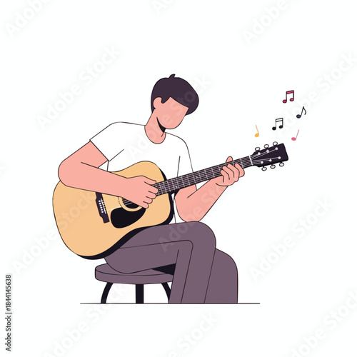 A person plays an acoustic guitar on a stool, musical notes emanate above