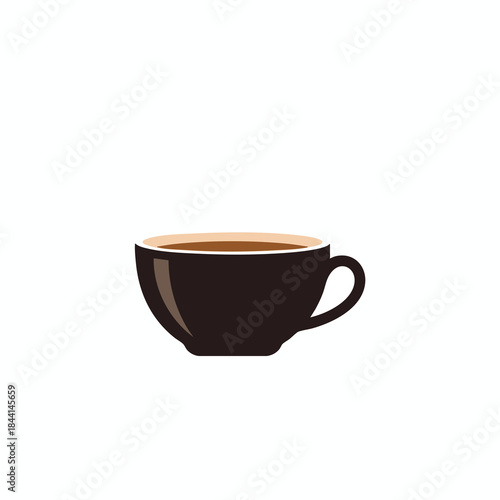 A dark brown, filled teacup with handle on white background