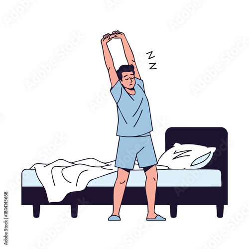 A sleepy person stretches after waking, next to a bed with a pillow and crumpled sheets