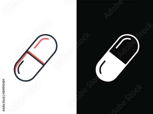 Pill capsule Icon: A simplistic yet effective visual representation of medical health capsule against a stark black-and-white backdrop, designed to convey healthcare related themes.