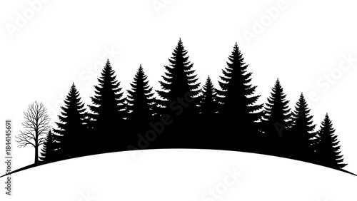 Silhouette of pine trees on a snowy hill isolated on white background