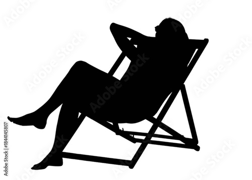 Woman relaxing in a beach chair on a white background.