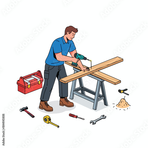 A person using a drill on wood with tools nearby on a white background