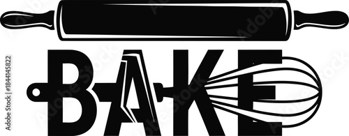 Rolling pin kitchen tool vector illustration with Bake text for bakery and pastry shops on a transparent background.