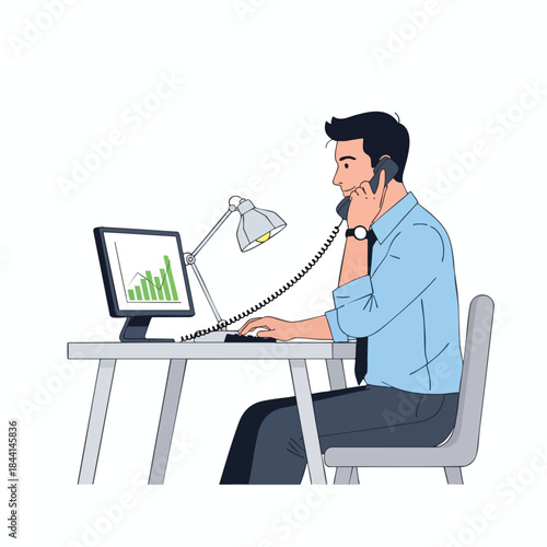 A businessman working at a desk on a phone call, with a chart on his screen