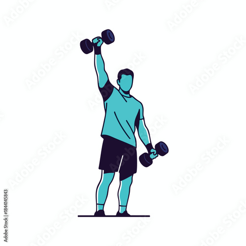 Graphic figure exercises with dumbbells, featuring a man in active workout attire