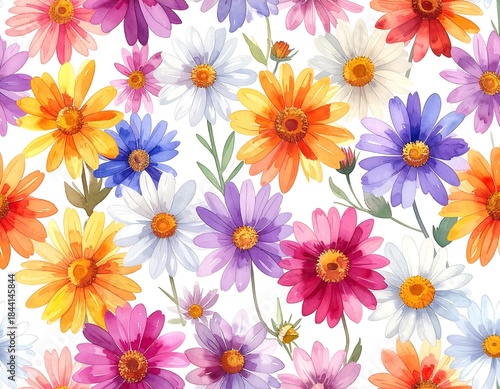 Wallpaper Mural Colorful watercolor daisy flowers on white background, seamless pattern Torontodigital.ca
