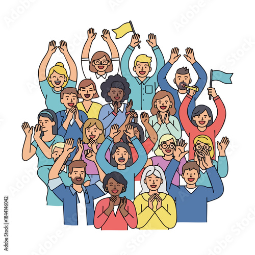 Illustration of a diverse group of people celebrating with arms raised and flags