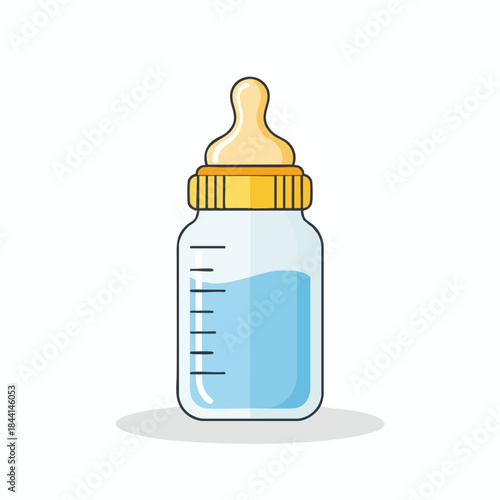Illustration of a baby bottle filled with blue liquid, a teat, and yellow details