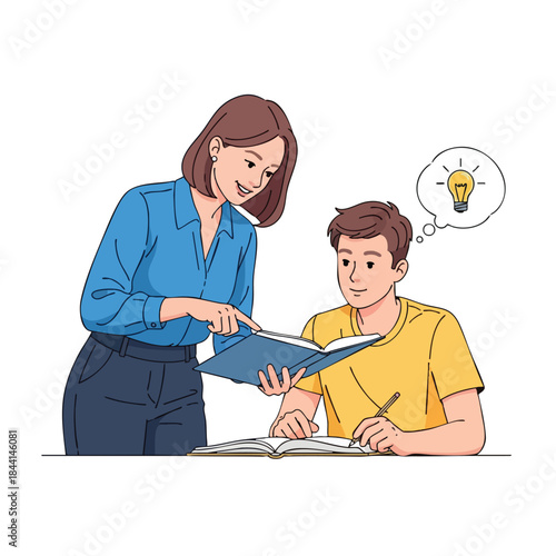 An educator assists a student in reviewing a textbook with an idea appearing